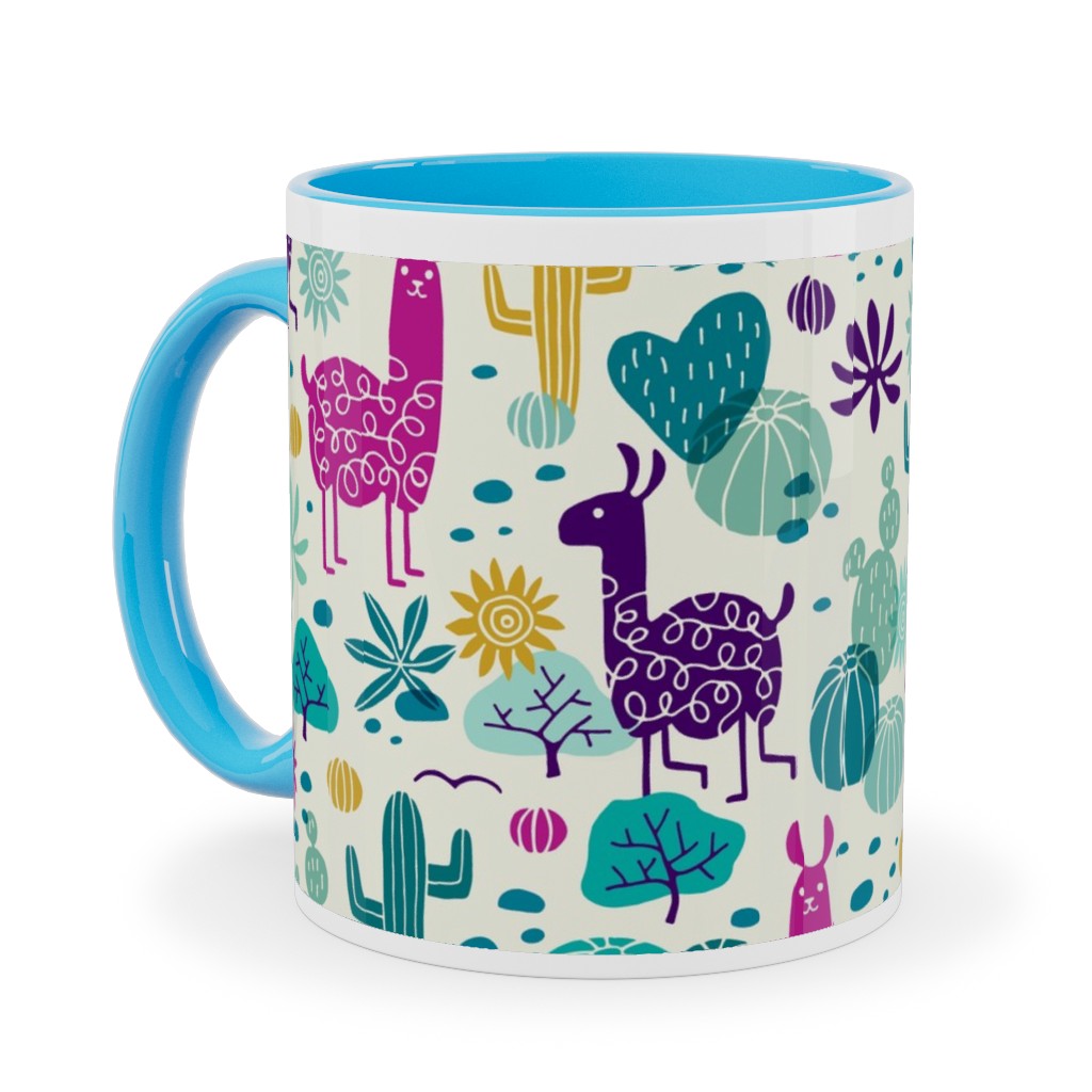 Llamas in the Desert - Multicolor Ceramic Mug, Light Blue, , 11oz, Multicolor