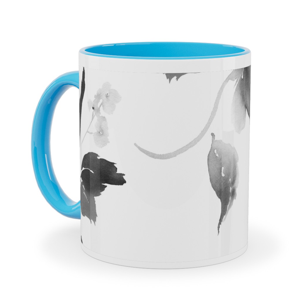 Spring Beginning - Black and White Ceramic Mug, Light Blue, , 11oz, White, White
