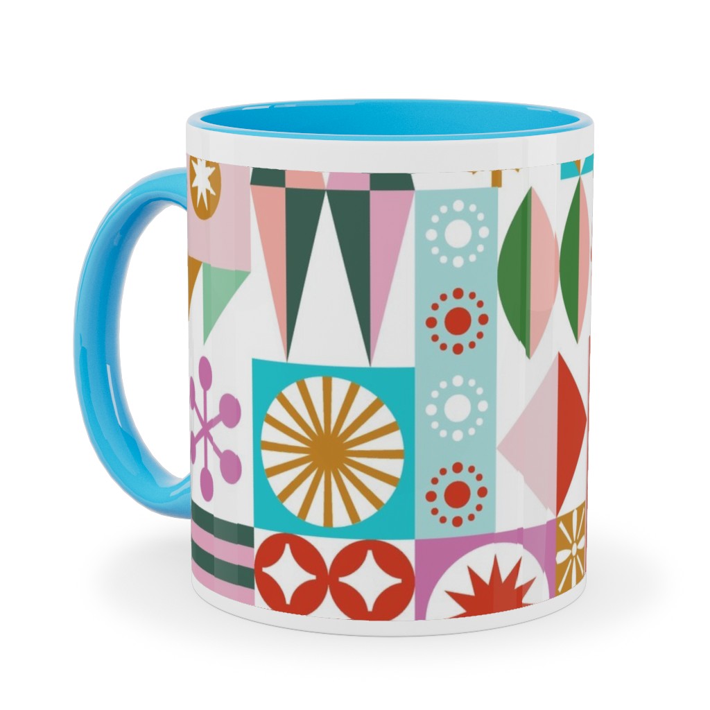 Santa's Workshop Geometric Stars Snowflakes Grid Holiday Stripes - Multi Ceramic Mug, Light Blue, , 11oz, Multicolor