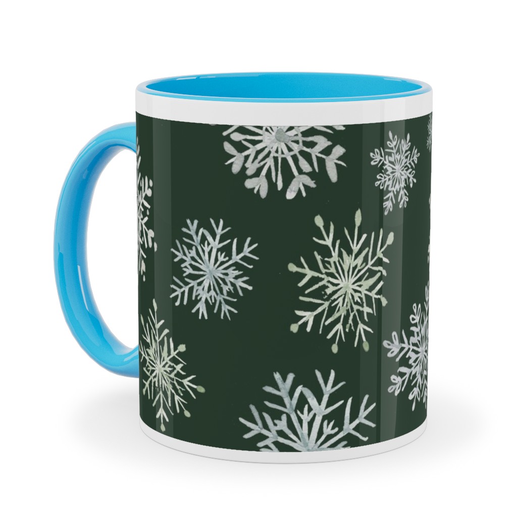 Lace Snowflakes on Hunter Green Ceramic Mug, Light Blue,  , 11oz, Green