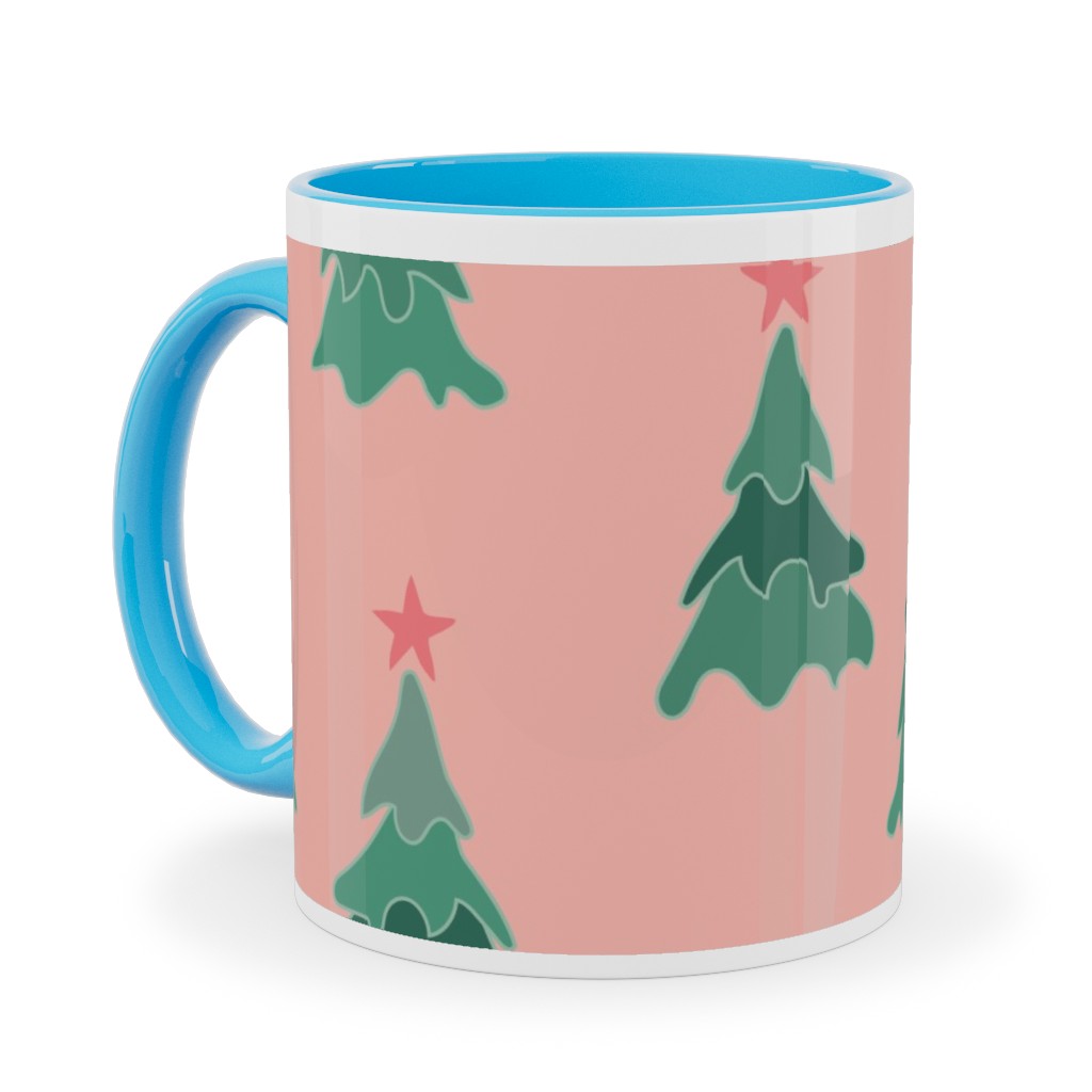 Modern Christmas Trees Ceramic Mug, Light Blue, , 11oz, Pink, Bright Pink