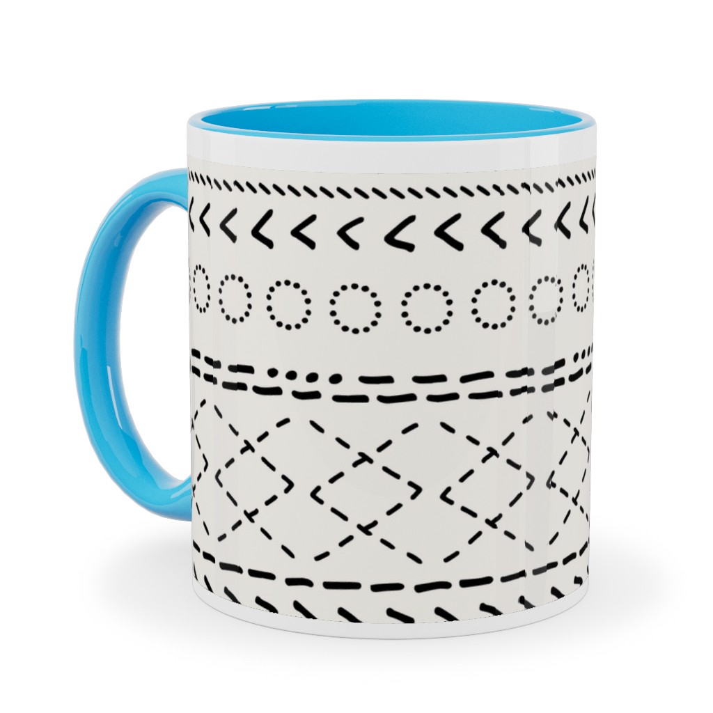 Minimal Mudcloth Bohemian - Light Ceramic Mug, Light Blue, , 11oz, Beige, Pearl