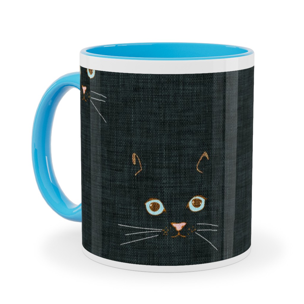 Cat Face - Black Ceramic Mug, Light Blue,  , 11oz, Black