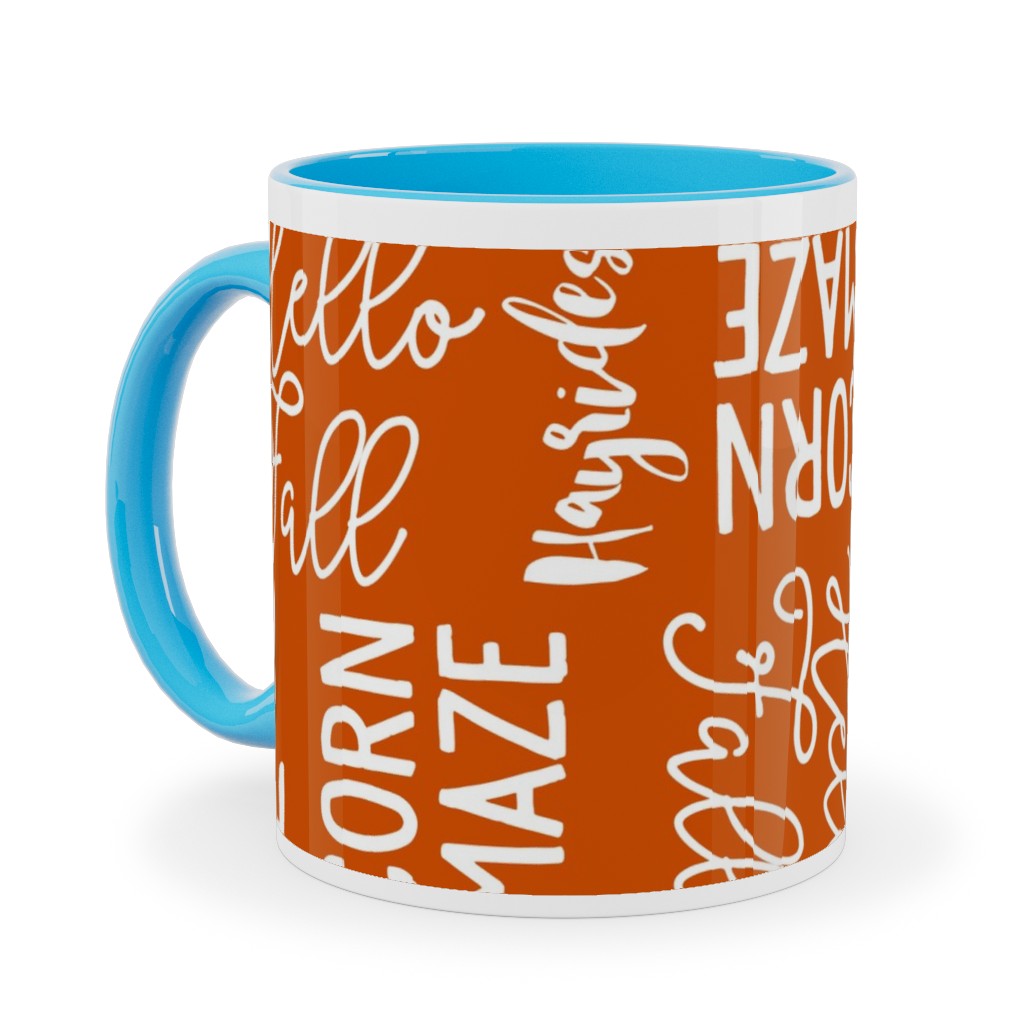 Favorite Things of Fall - Fall Words on Cider Ceramic Mug, Light Blue,  , 11oz, Orange