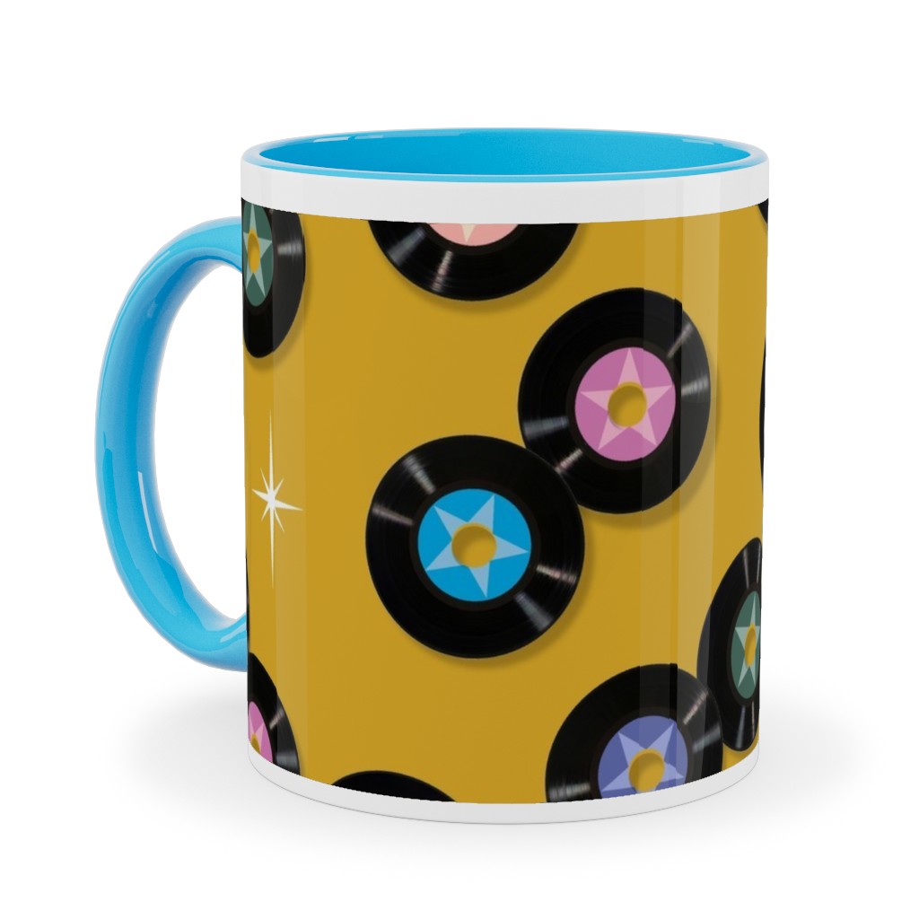Pop Star Vintage Vinyl Records Ceramic Mug, Light Blue,  , 11oz, Yellow