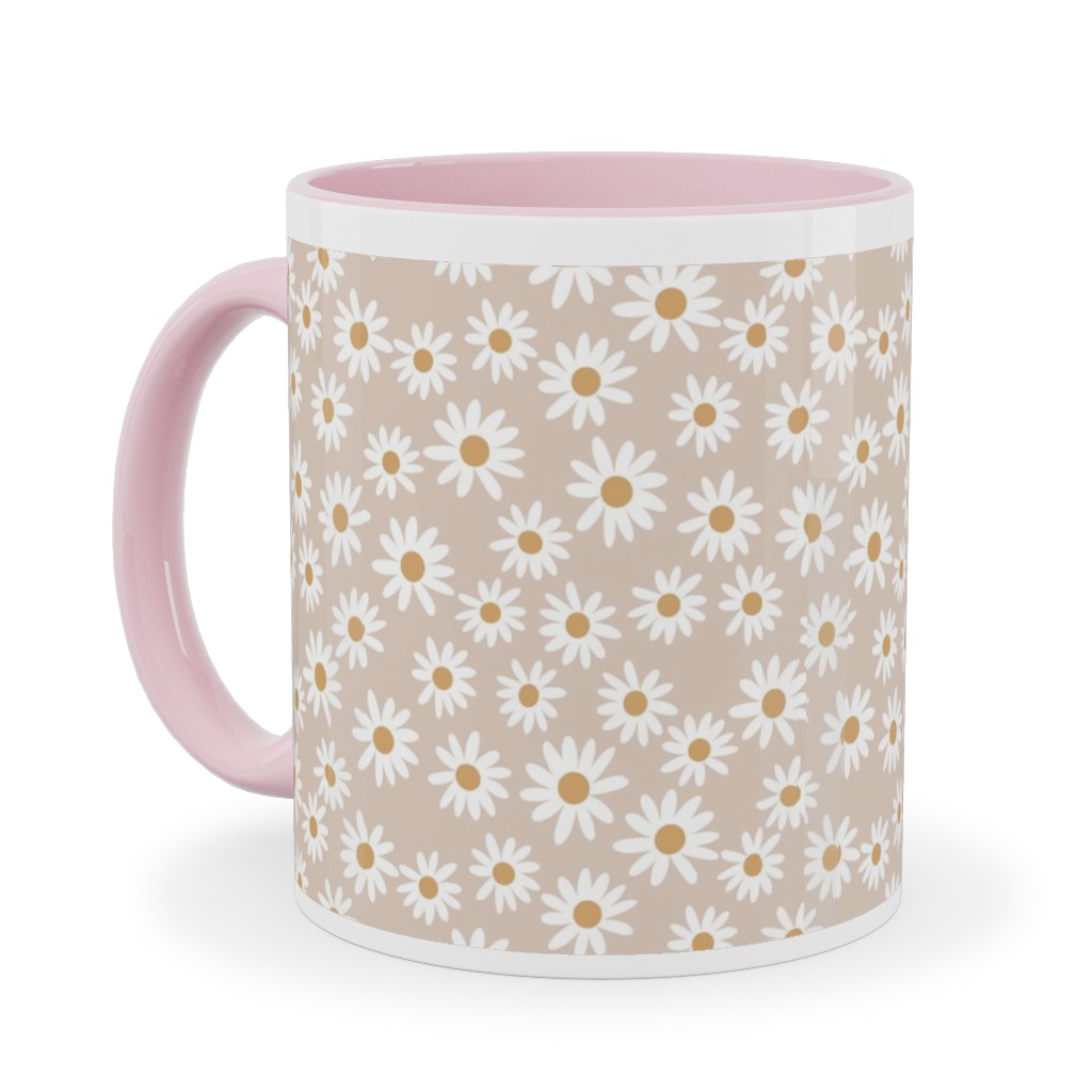Daisy Print Ceramic Mug, Pink, , 11oz, Beige, Pearl