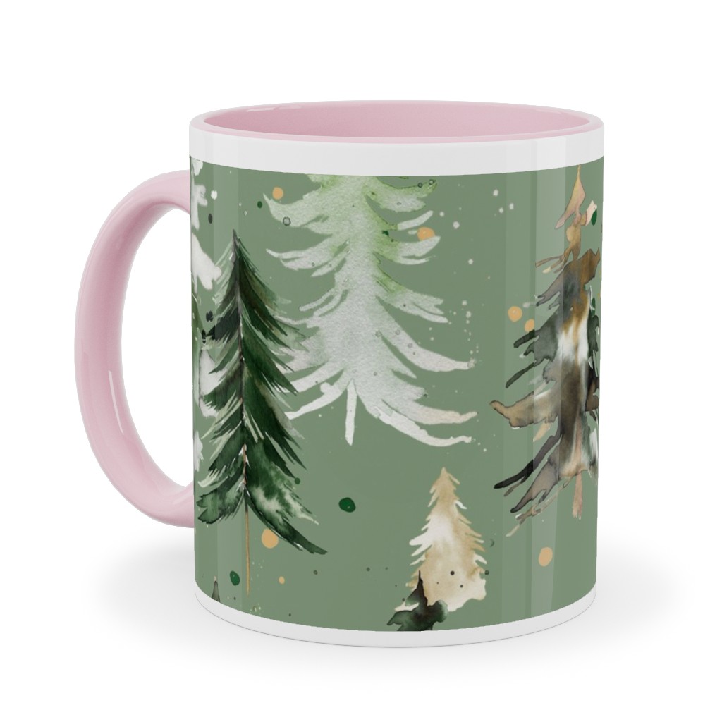 Watercolor Pines and Spruces Christmas - Green Ceramic Mug, Pink,  , 11oz, Green