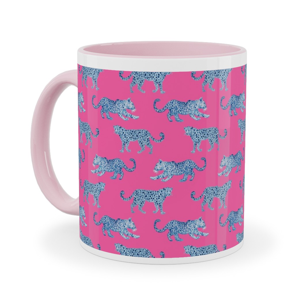 Tiny Leopard Parade - Blue on Hot Pink Ceramic Mug, Pink, , 11oz, Pink, Bright Pink