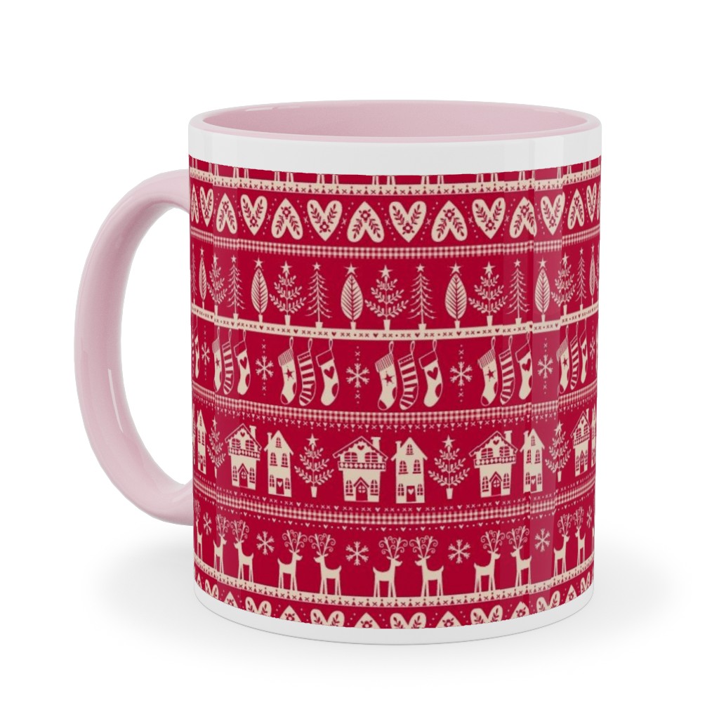 Nordic Vintage Christmas Ceramic Mug, Pink,  , 11oz, Red