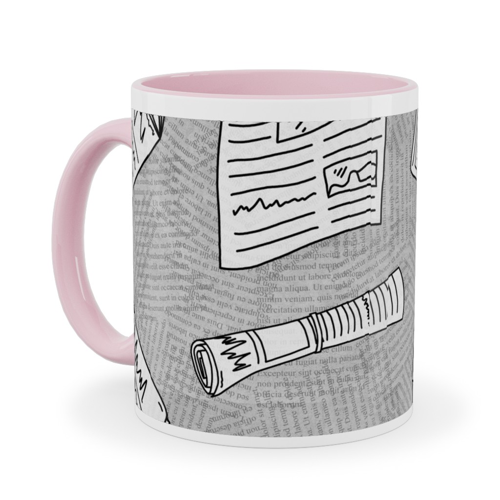 Newsprint Ceramic Mug, Pink, , 11oz, Gray, Silver