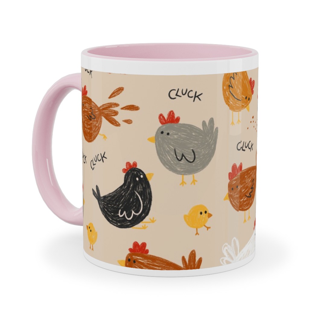 Hens - Brown Ceramic Mug, Pink,  , 11oz, Beige