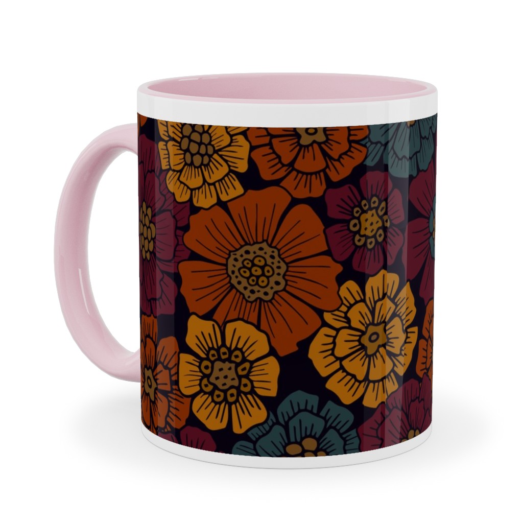 Burgundy, Rust, Mustard & Teal Floral Ceramic Mug, Pink, , 11oz, Red, Red