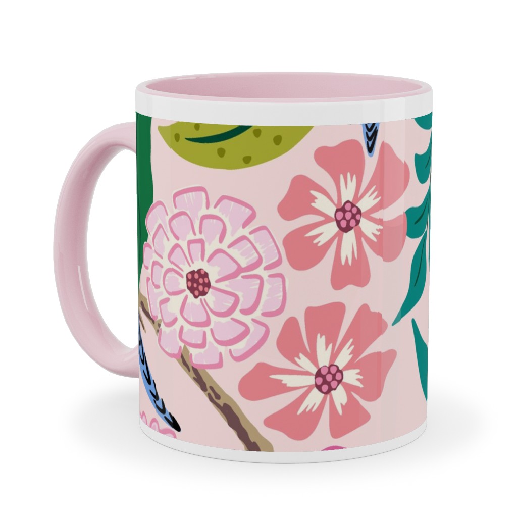 Budgies and Butterflies - Pink and Green Ceramic Mug, Pink,  , 11oz, Pink