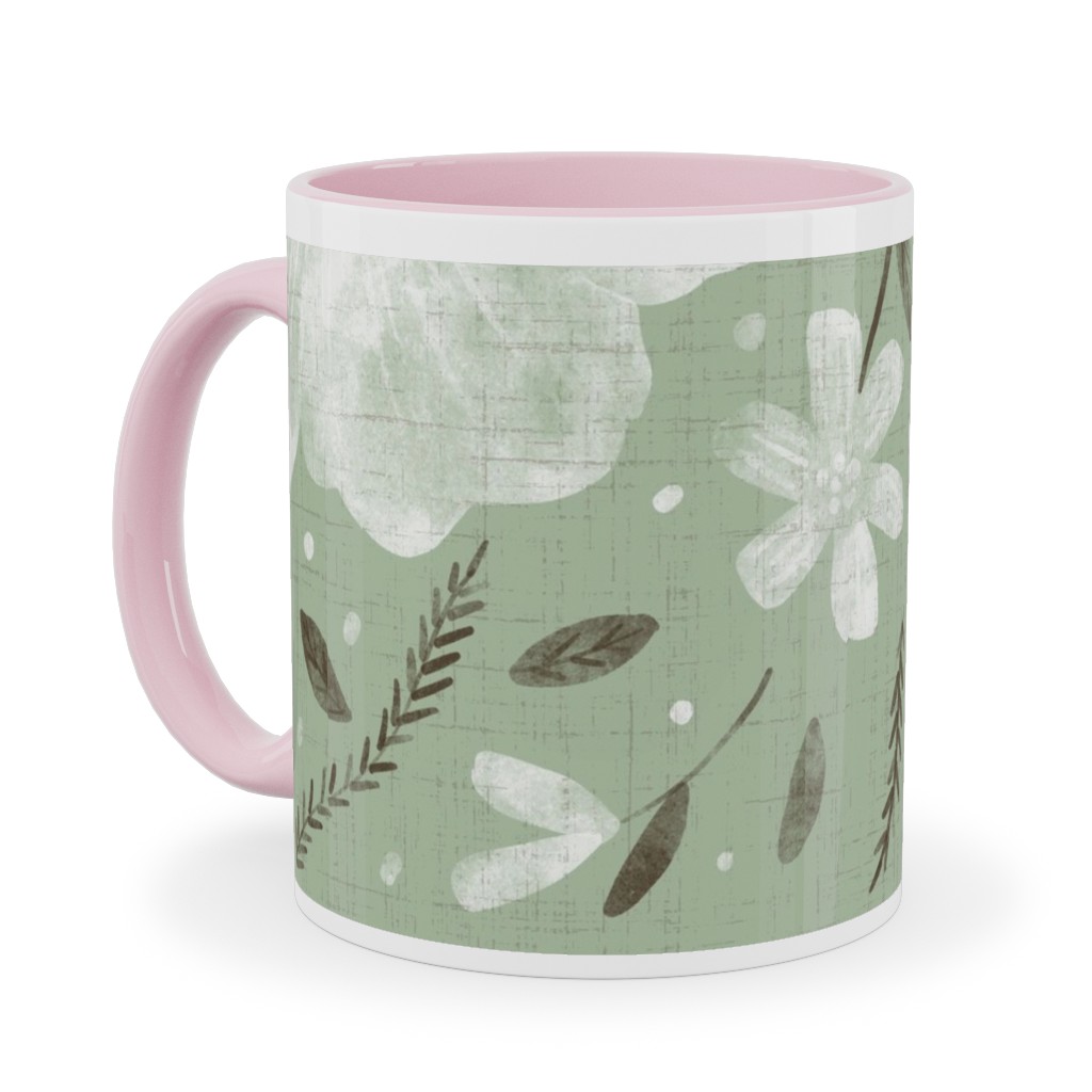 Charlotte Floral - Sage Ceramic Mug, Pink,  , 11oz, Green