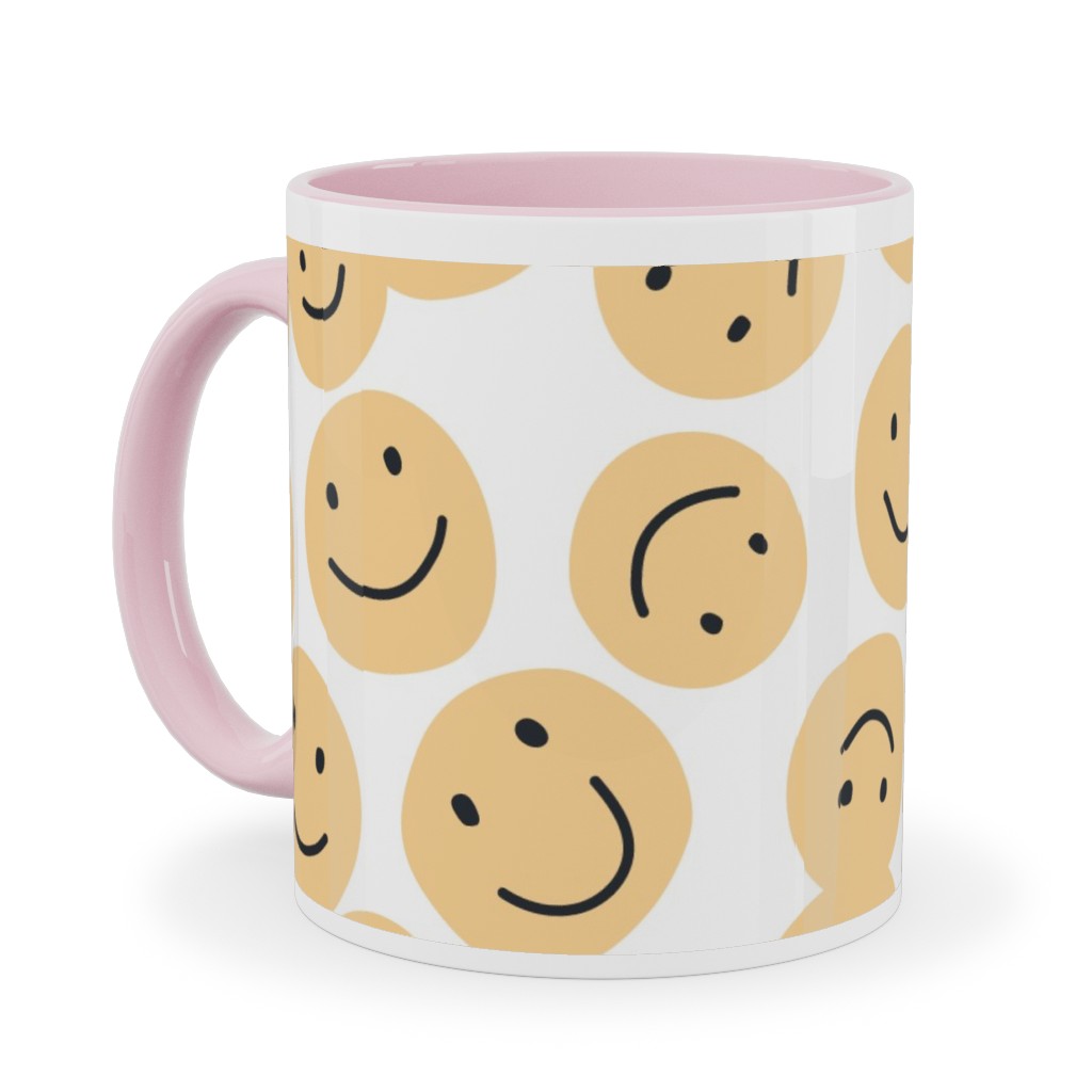 Happy Smiley Faces - Yellow Ceramic Mug, Pink, , 11oz, Yellow, Classic Yellow