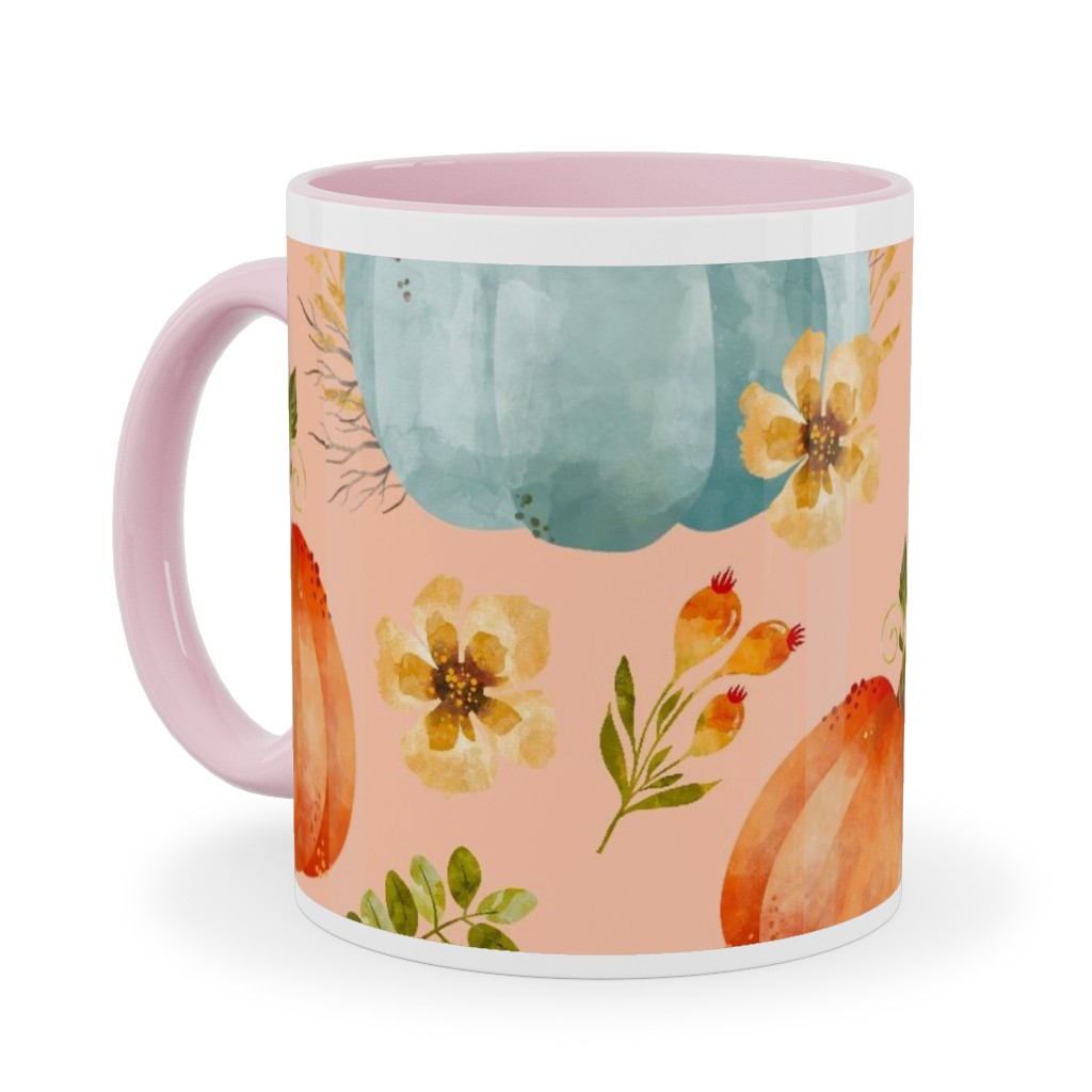 Rustic Farmhouse Pumpkins on Pale Peach Ceramic Mug, Pink, , 11oz, Orange, Orange