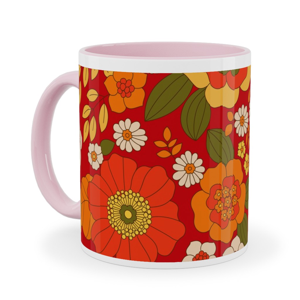 Vintage Flora - Red Ceramic Mug, Pink,  , 11oz, Orange