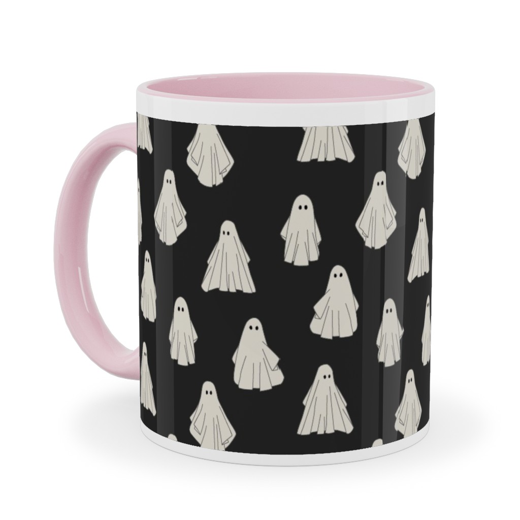 Spooky Halloween Vintage Ghosts - White on Black Ceramic Mug, Pink, , 11oz, Black, Black