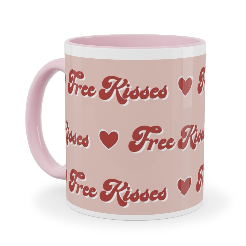Free Kisses - Retro Hearts - Red on Pink Ceramic Mug, Pink,  , 11oz, Pink