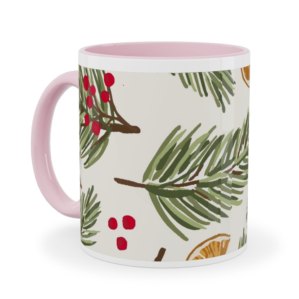 Festive Christmas Pine Sprigs and Orange Slices Ceramic Mug, Pink, , 11oz, Multicolor
