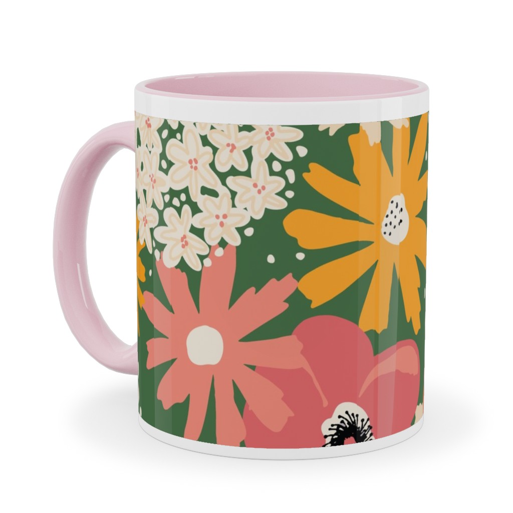 Summer Florals - Green Pink White and Orange Ceramic Mug, Pink, , 11oz, Multicolor