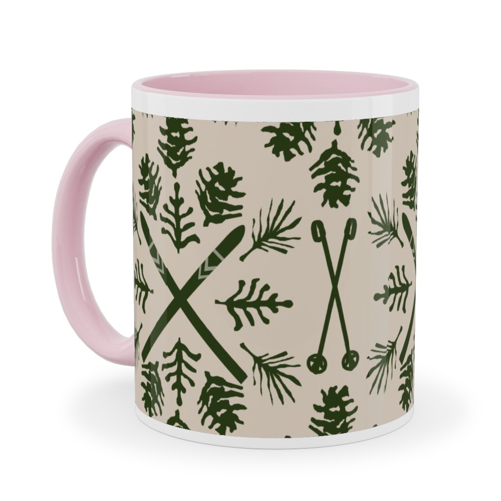 Winter Ski Season - Pine and Tan Ceramic Mug, Pink, , 11oz, Green, Classic Green