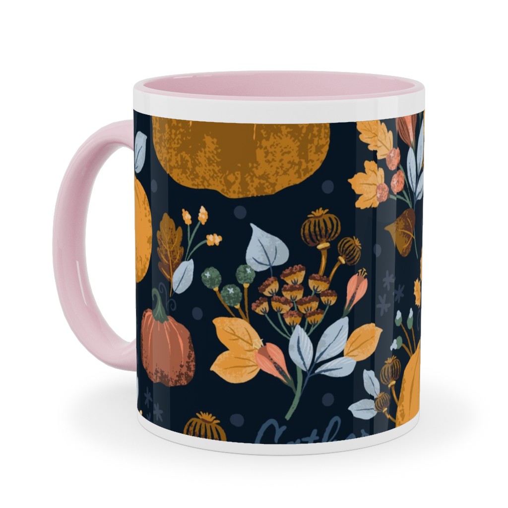 Smaller Scale Elegant Navy Fall Floral - Harvest Gratitude + Cozy Petal Solids Ceramic Mug, Pink, , 11oz, Orange, Orange