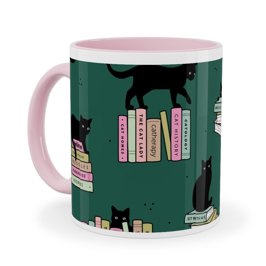 Cats and Books Ceramic Mug, Pink, , 11oz, Green, Forest