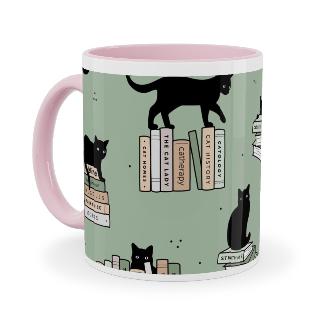 Cats and Books Ceramic Mug, Pink, , 11oz, Green, Mantis