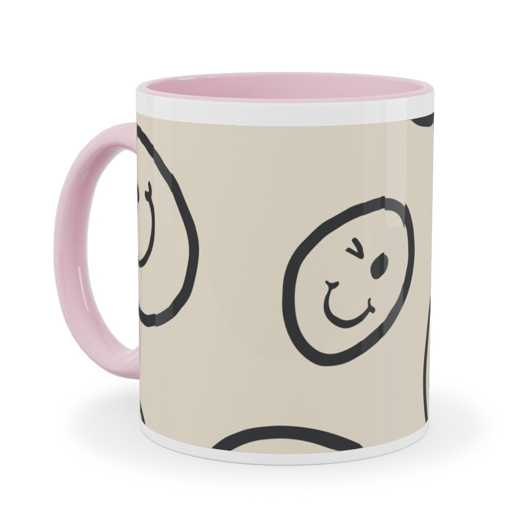 Smiley Winking Faces Ceramic Mug, Pink, , 11oz, Beige, Sand
