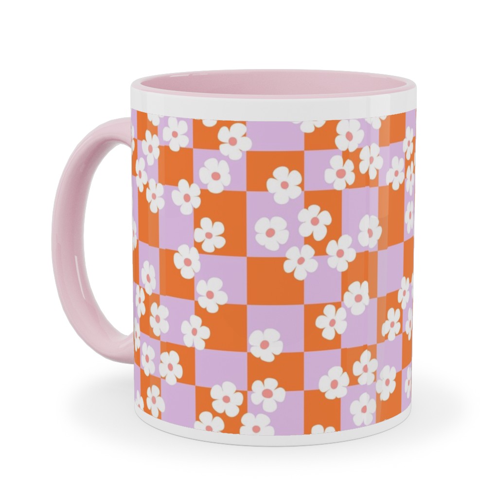 Checkered Daisies Retro - Orange and Pink Ceramic Mug, Pink, , 11oz, Multicolor
