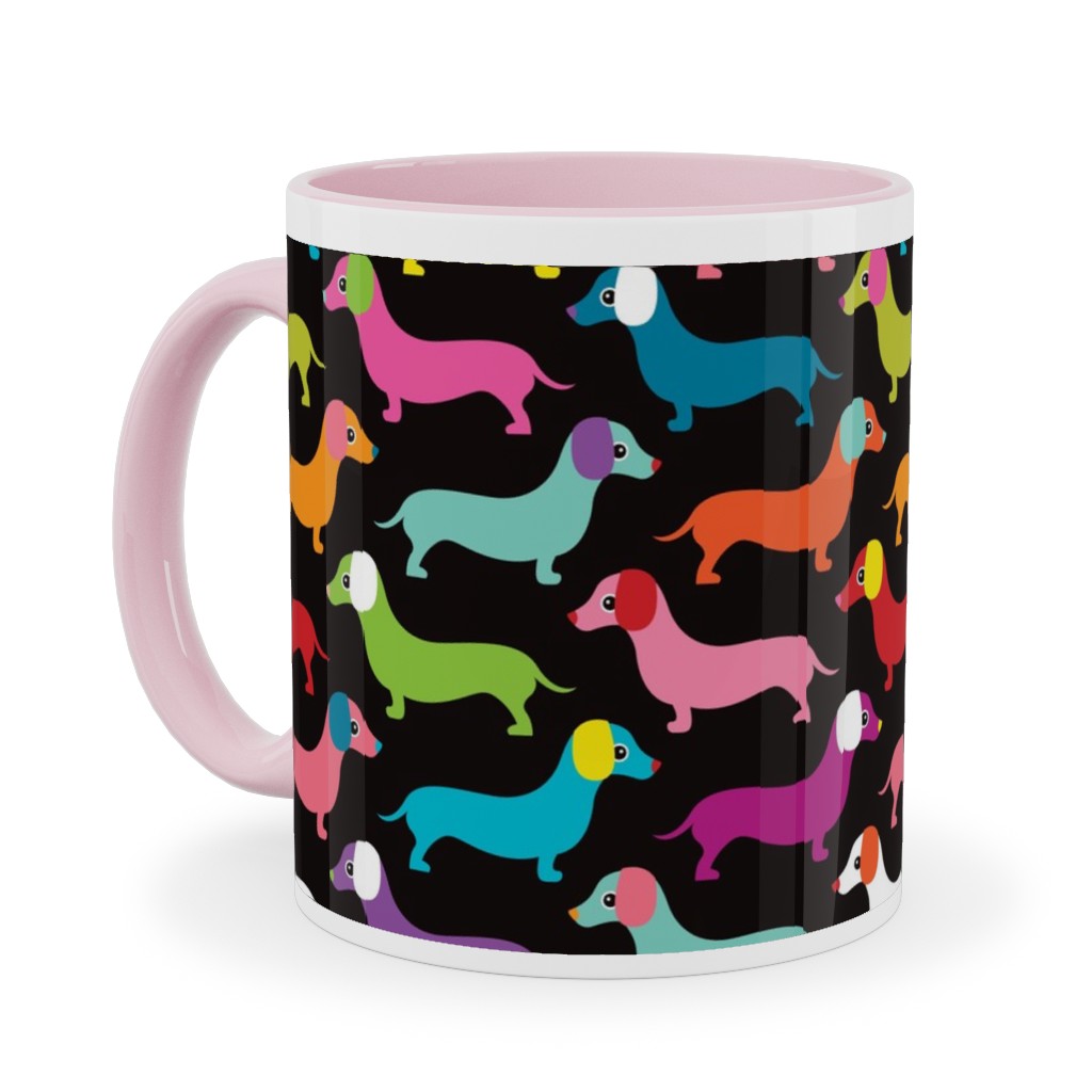 Retro Dachshund Dogs Ceramic Mug, Pink, , 11oz, Multicolor, Black
