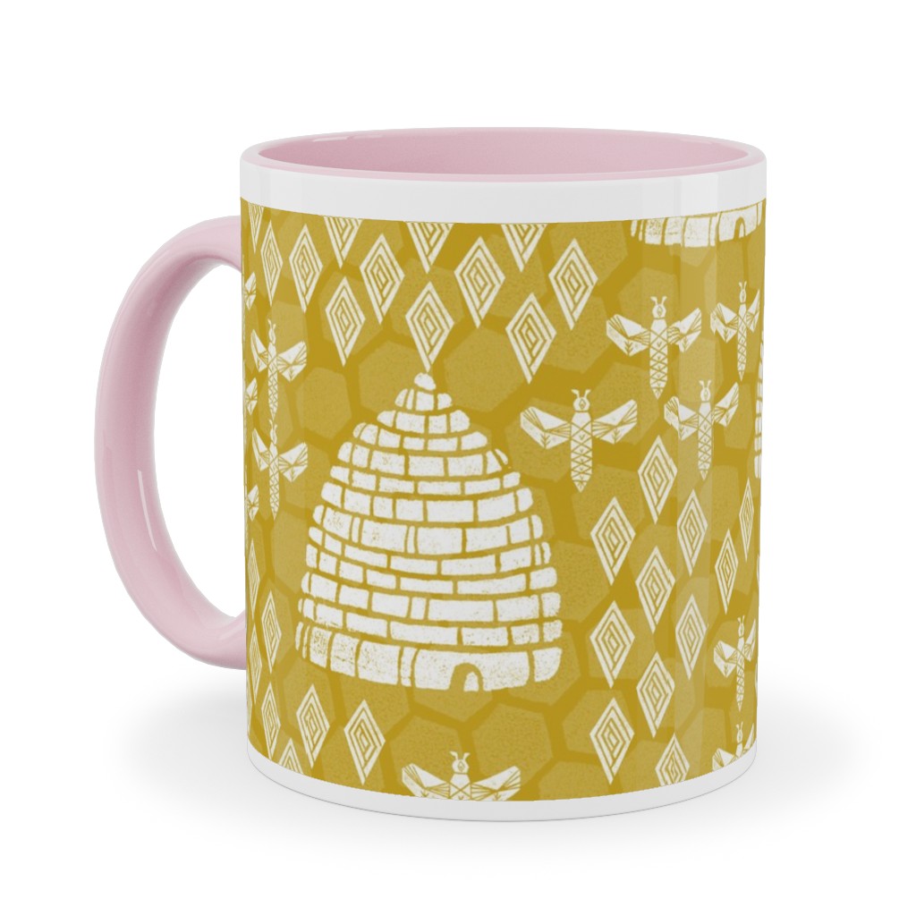 Bee Hives, Spring Florals Linocut Block Printed - Golden Yellow Ceramic Mug, Pink, , 11oz, Yellow, Classic Yellow