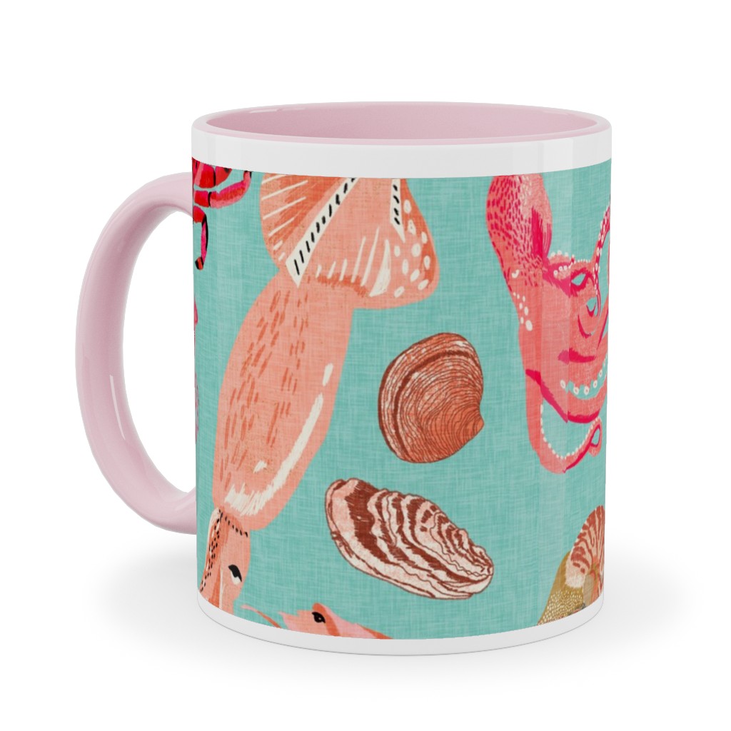 Ocean Creatures - Red on Green Ceramic Mug, Pink, , 11oz, Red, Red