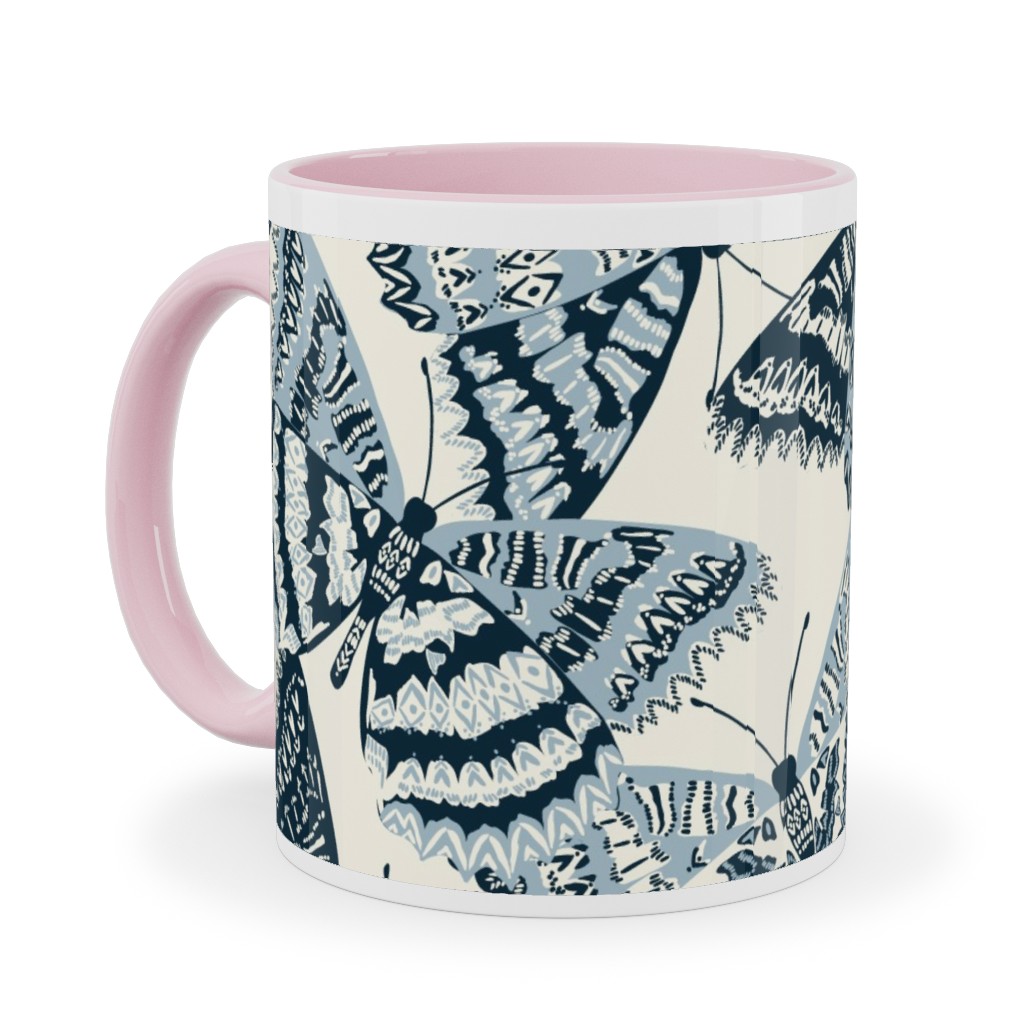 Butterfly - Hand Drawn - Blue Ceramic Mug, Pink,  , 11oz, Blue