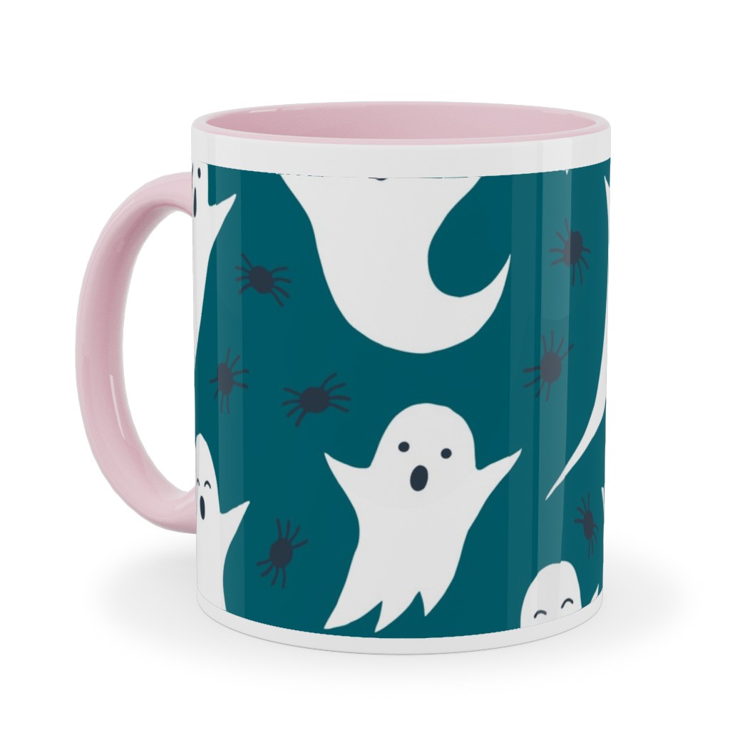 Halloween Ghosts - Dark Teal Ceramic Mug, Pink, , 11oz, Green, Classic Green