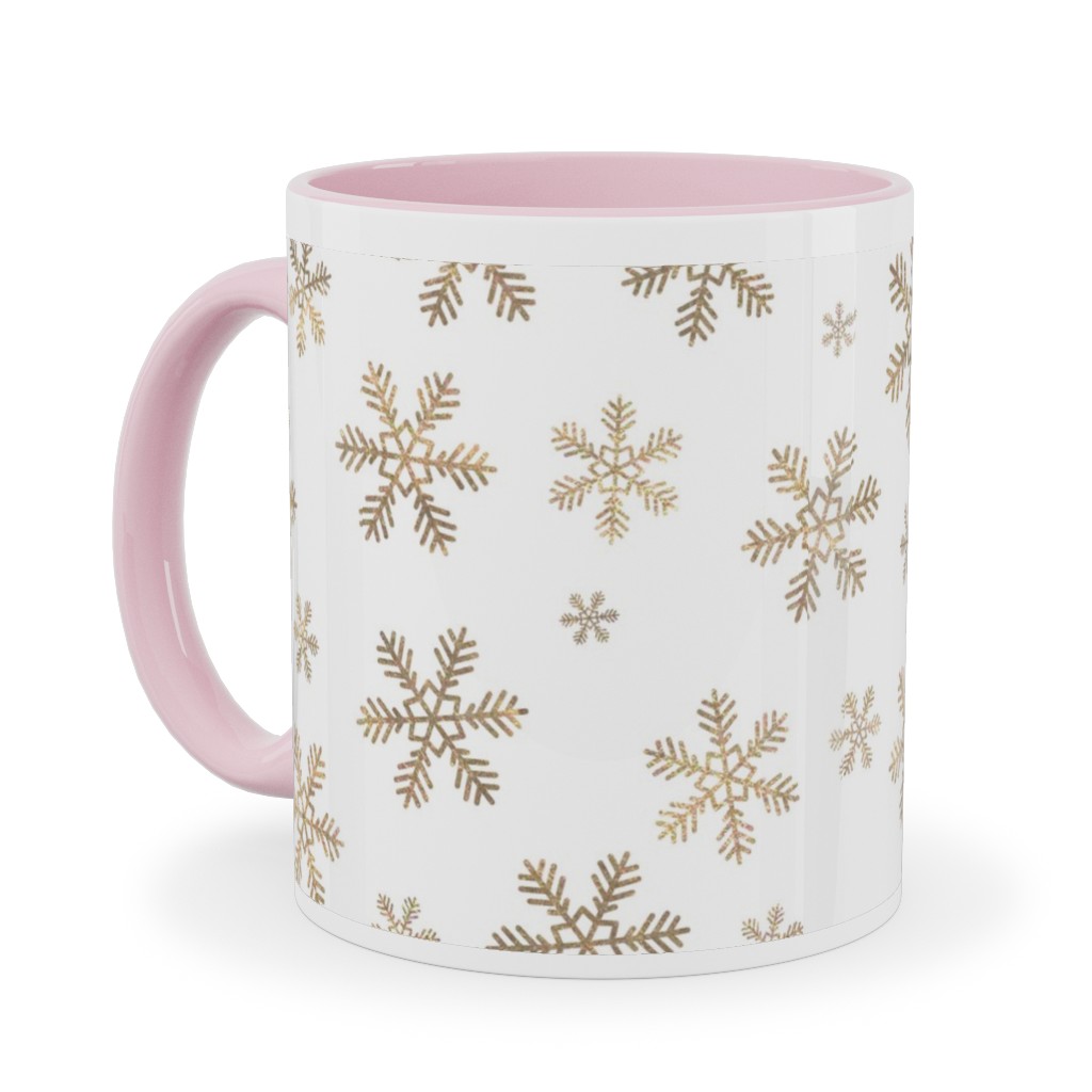 Holiday Snowflakes - Gold Ceramic Mug, Pink,  , 11oz, Yellow