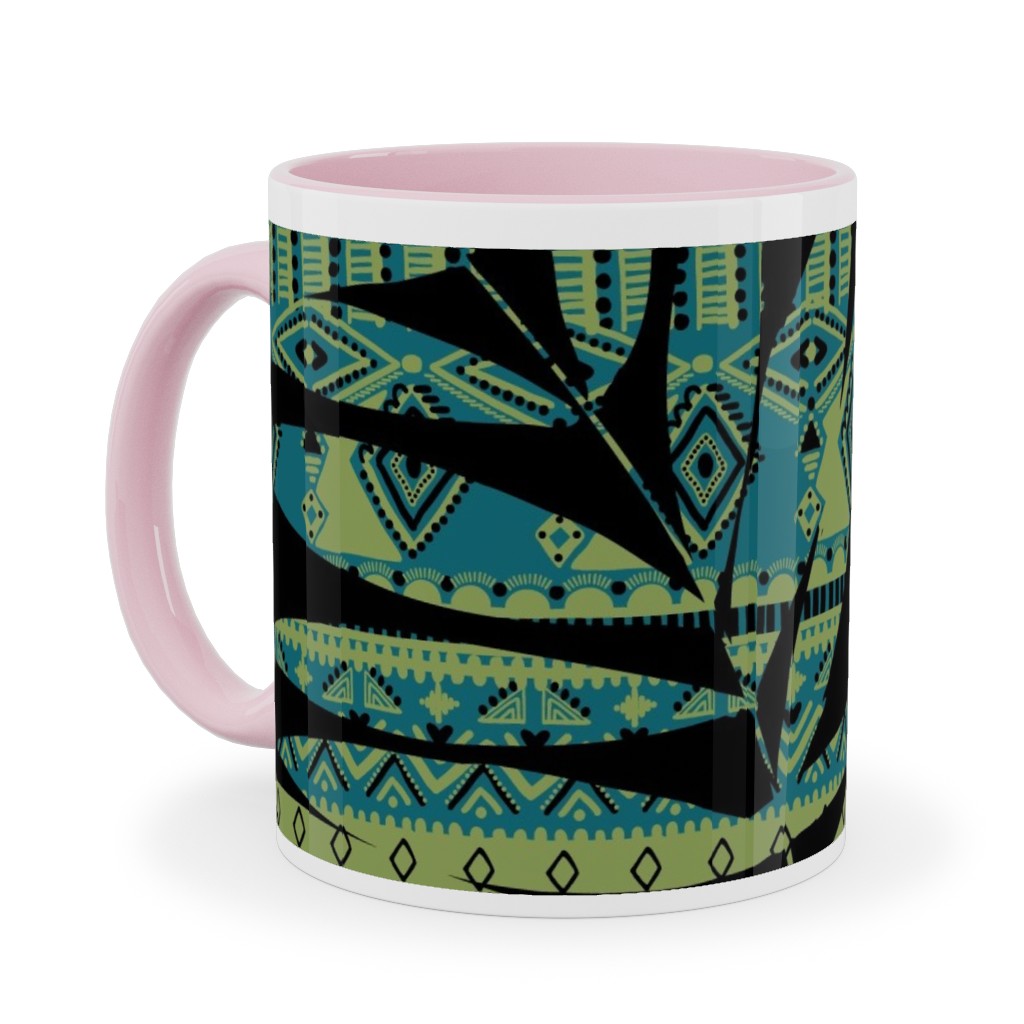 Patterned Palm - Dark Ceramic Mug, Pink, , 11oz, Black, Black