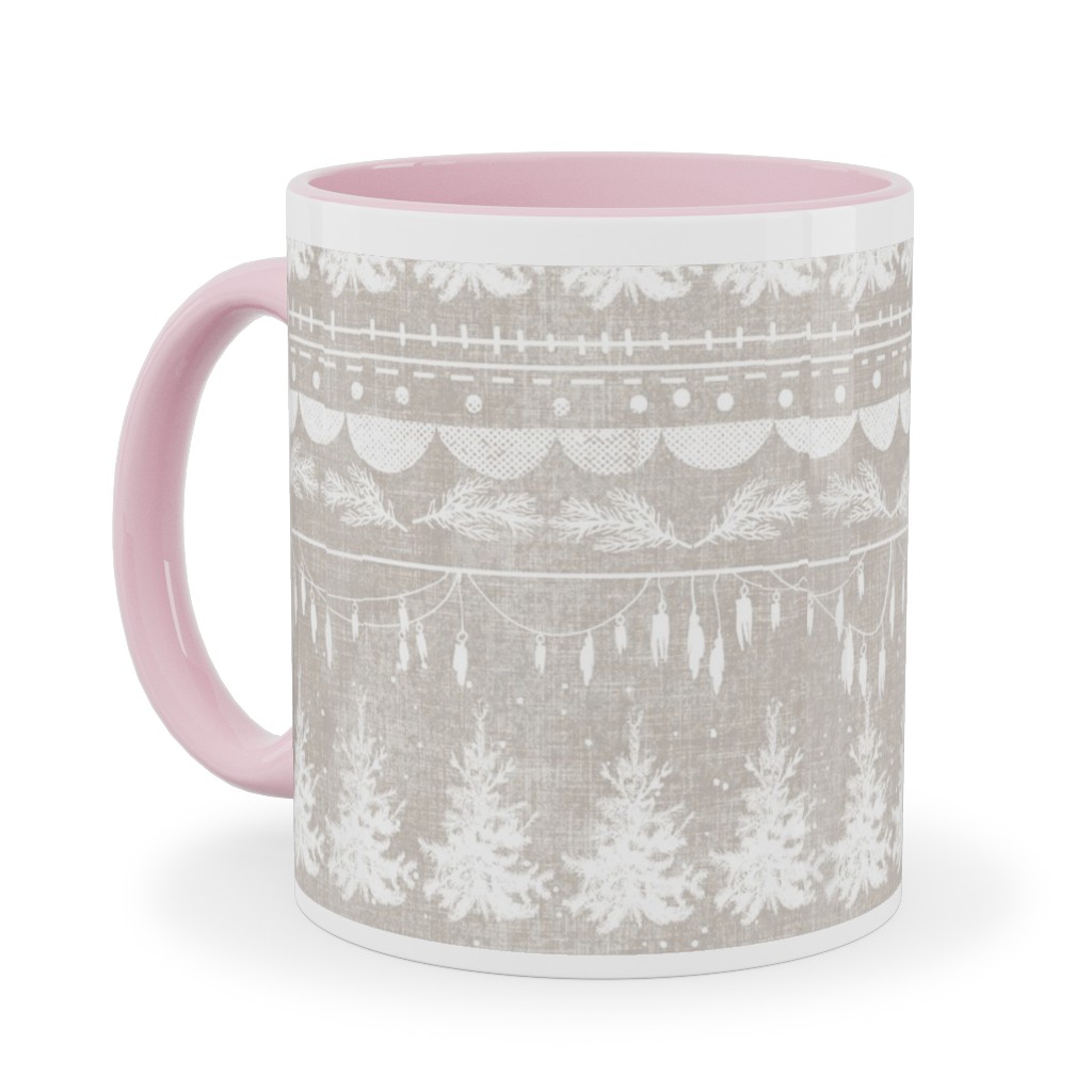 Vintage Christmas Stripe Ceramic Mug, Pink,  , 11oz, Gray