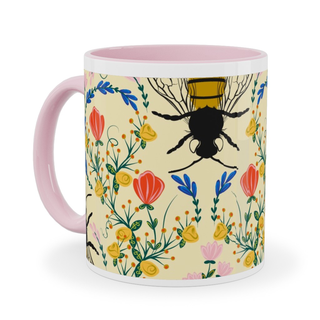 Bee Garden - Multi on Cream Ceramic Mug, Pink,  , 11oz, Yellow