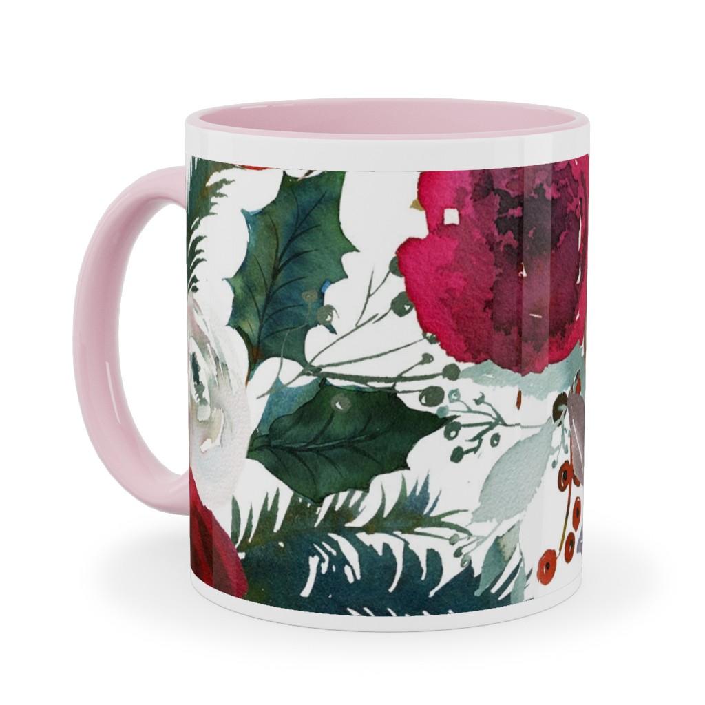 Holiday Florals Red on White Ceramic Mug, Pink, , 11oz, Multicolor