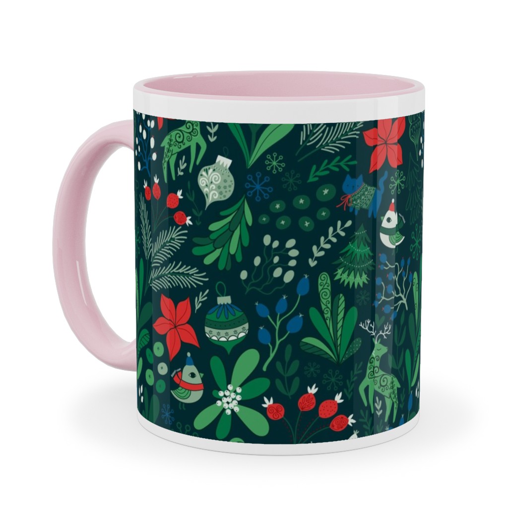 Merry Christmas Floral - Dark Ceramic Mug, Pink,  , 11oz, Green