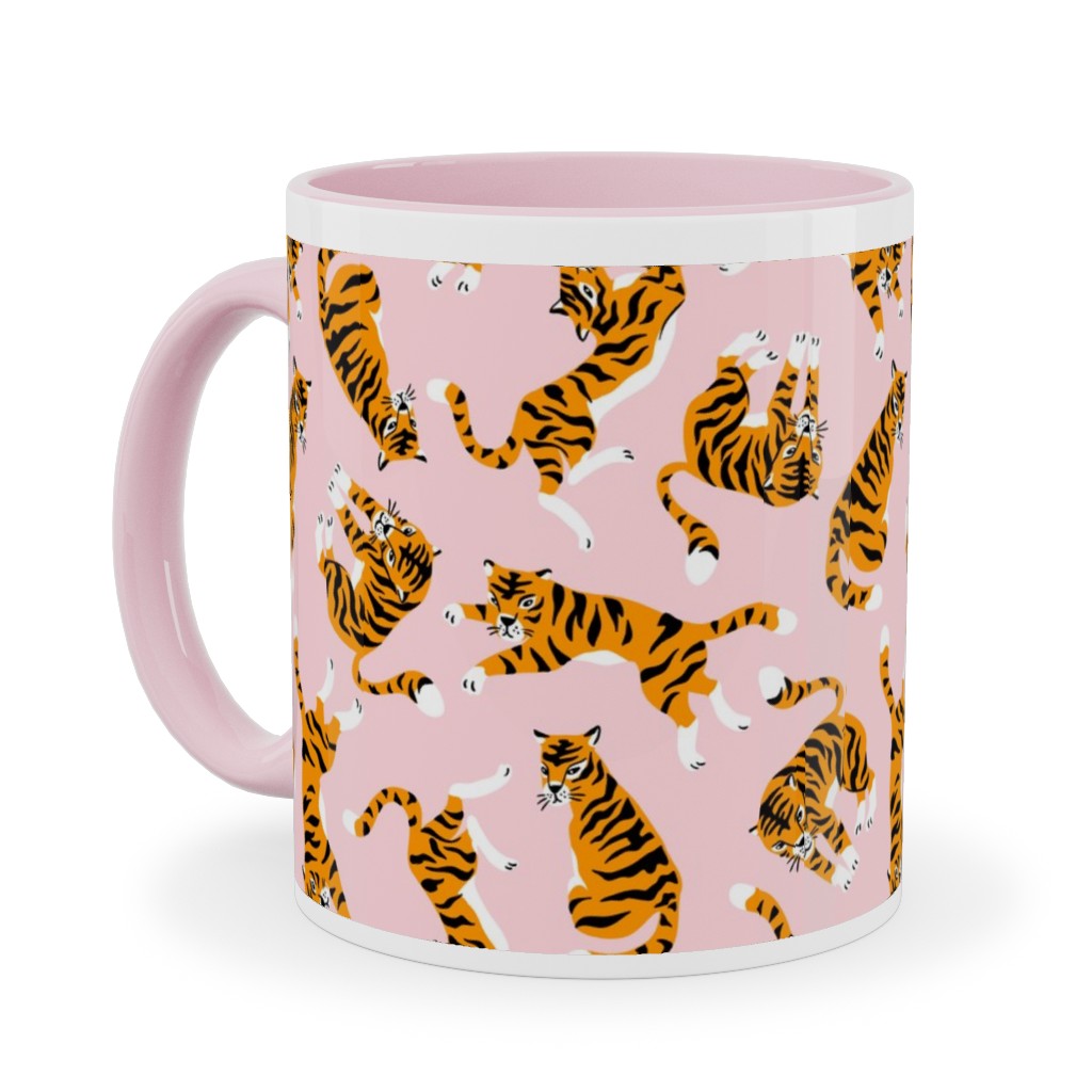 Tigers on Pink Backround Ceramic Mug, Pink, , 11oz, Pink, Bright Pink