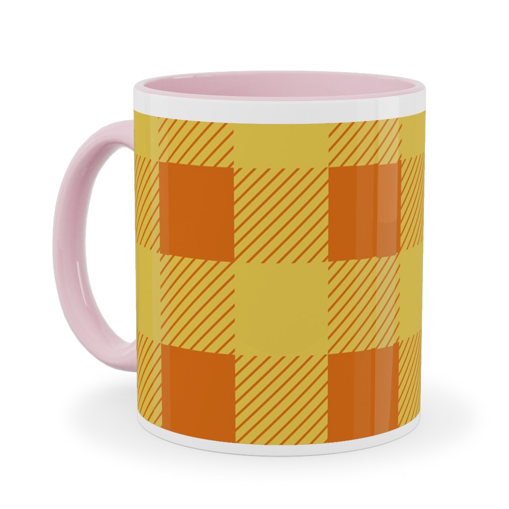 Buffalo Checked Plaid Ceramic Mug, Pink,  , 11oz, Yellow
