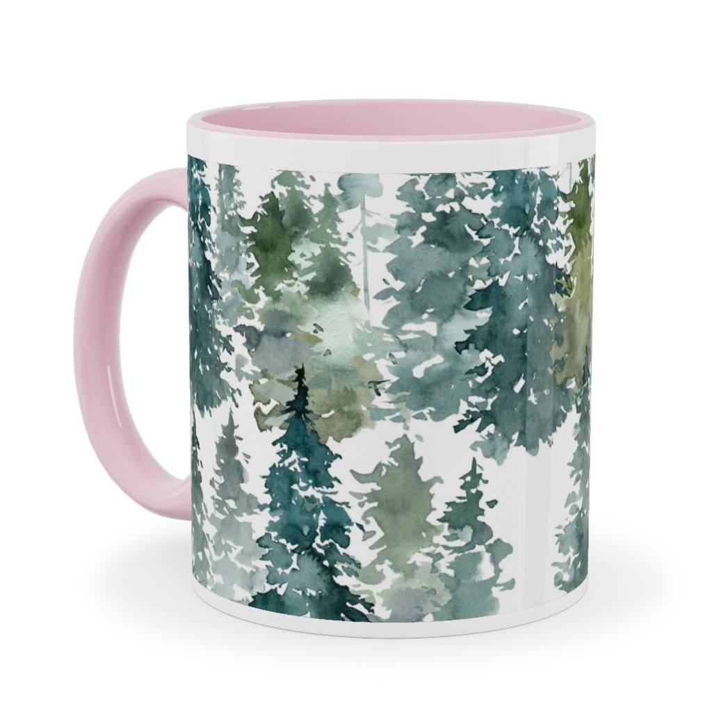 Woodland Trees Watercolor - White Ceramic Mug, Pink,  , 11oz, Green