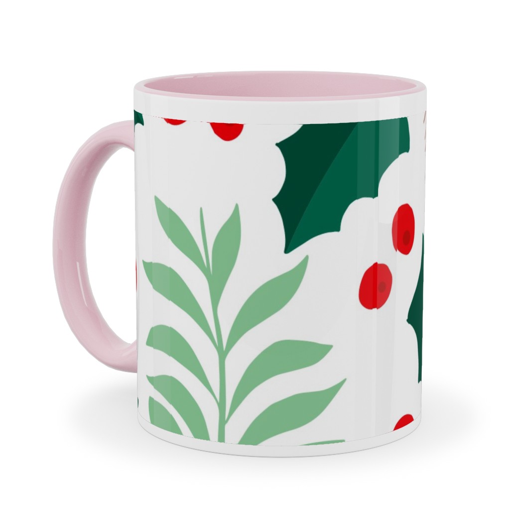 Botanical Christmas Garden Pine Leaves Holly Branch Berries - Green and Red Ceramic Mug, Pink, , 11oz, Green, Classic Green