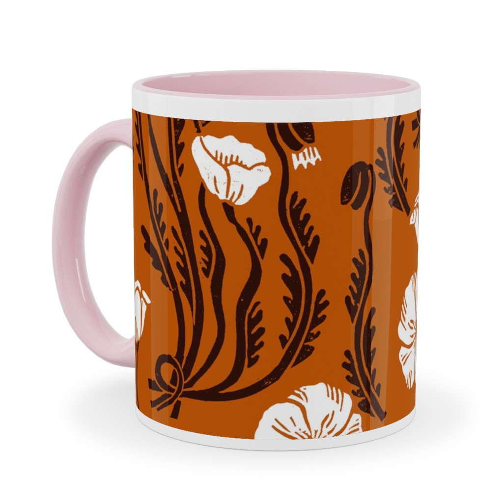 Poppy, Fall Harvest Block Printed Vintage Florals Ceramic Mug, Pink, , 11oz, Orange, Orange