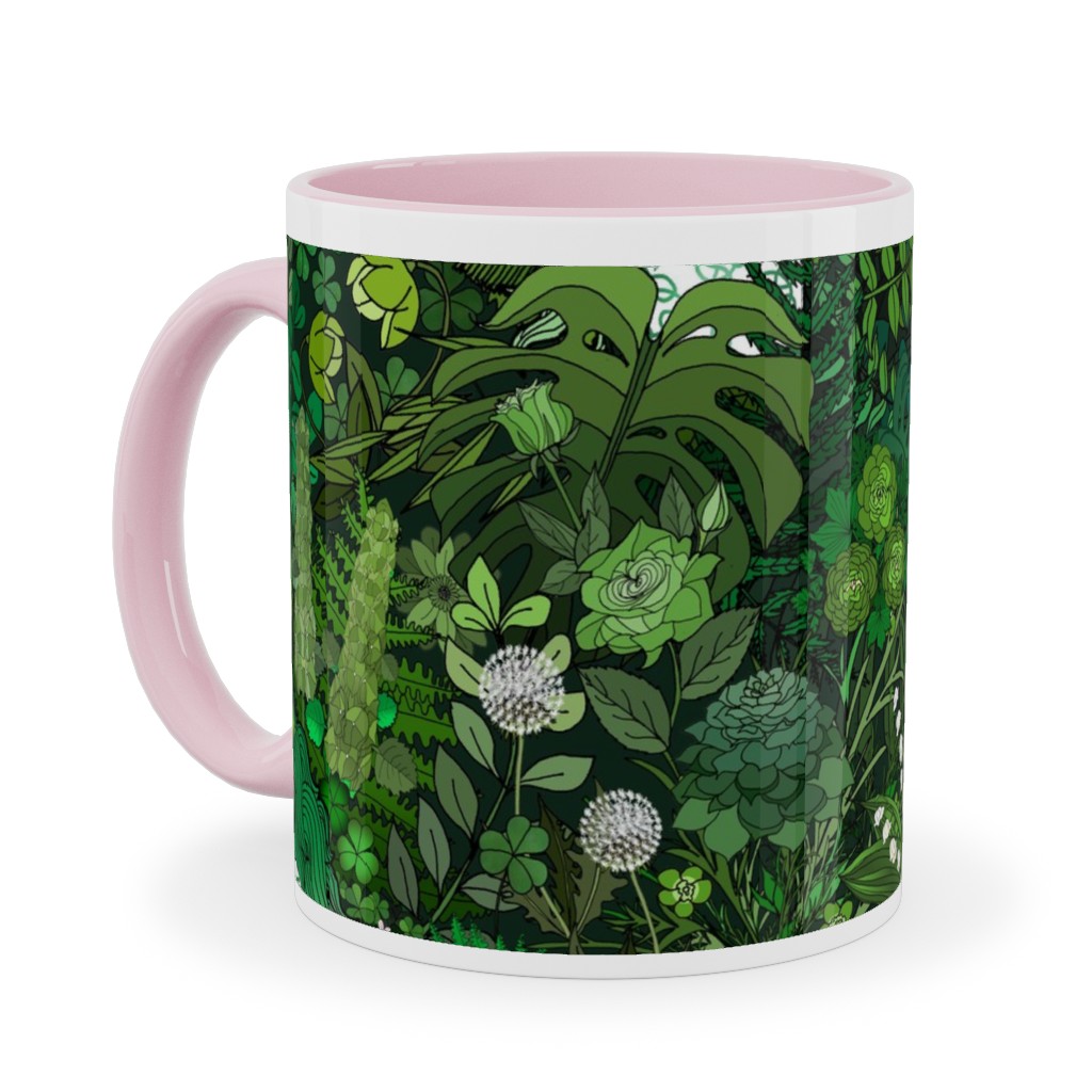 Irish Unicorn in a Green Garden Ceramic Mug, Pink, , 11oz, Green, Classic Green