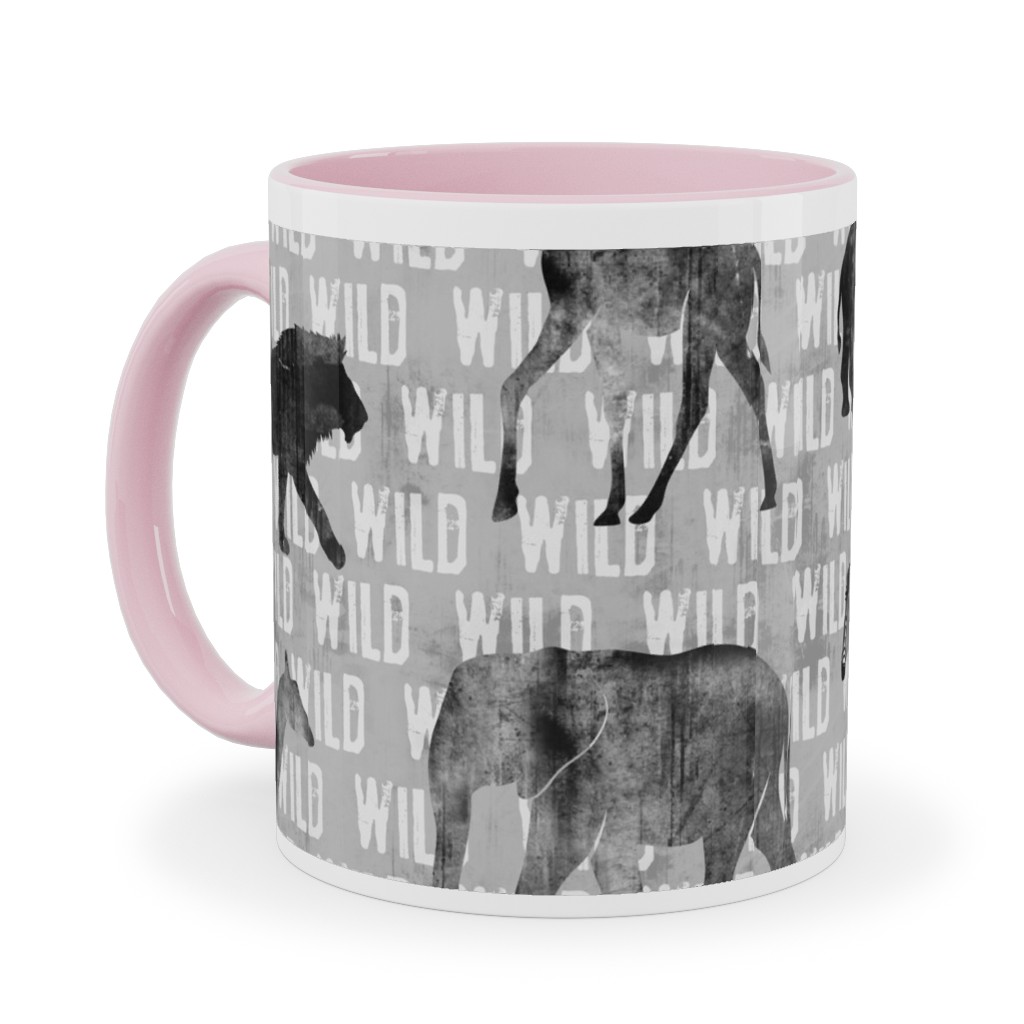 Wild Safari Animals - Grey Ceramic Mug, Pink, , 11oz, Gray, Gray