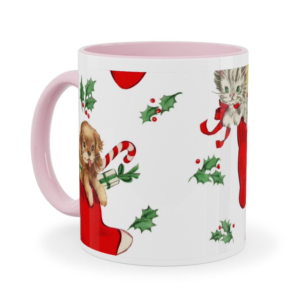 Vintage Christmas Kittens and Puppies Ceramic Mug, Pink, , 11oz, Multicolor